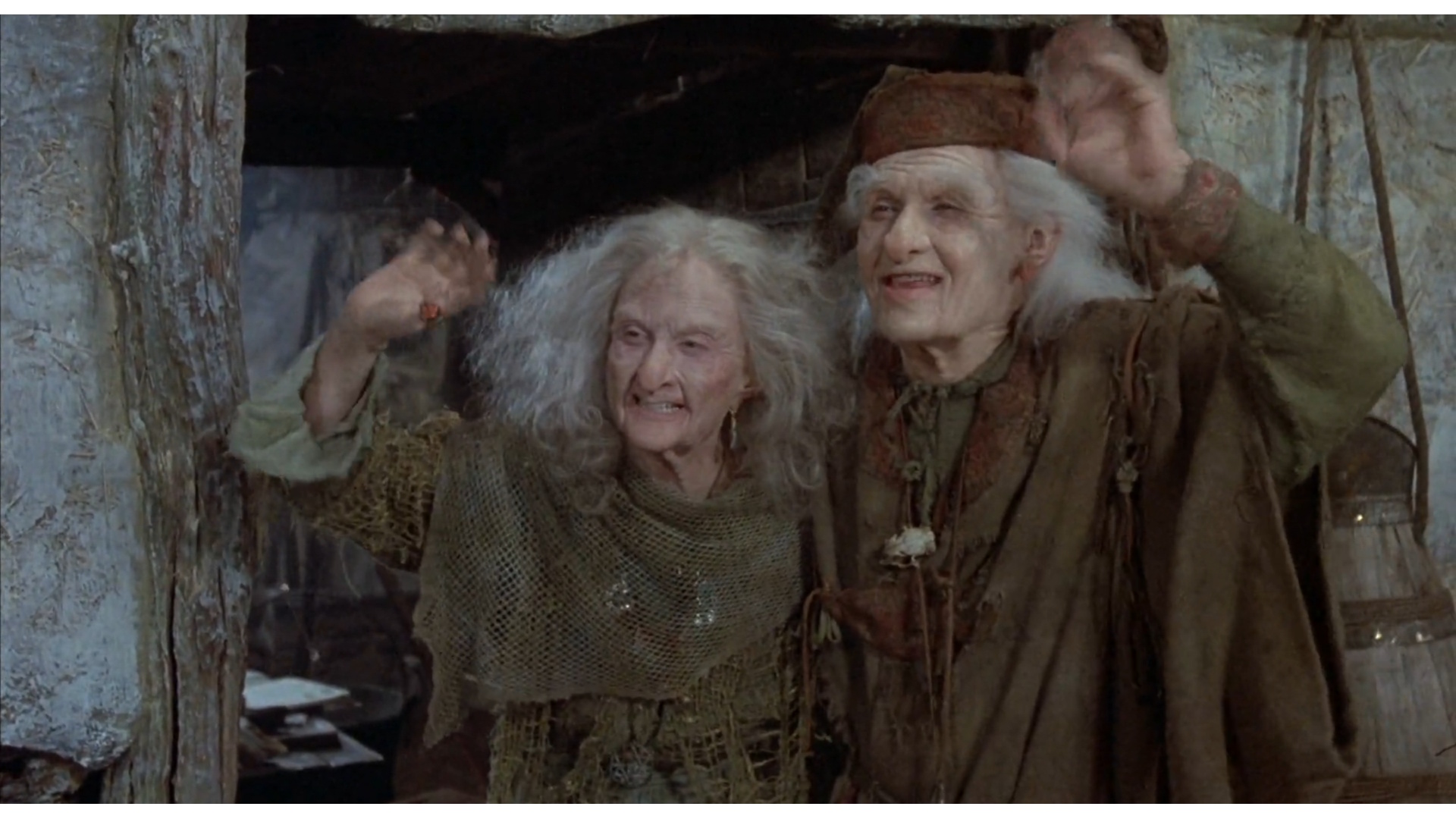 Two characters cheerfully saying the line: Have fun storming the castle!